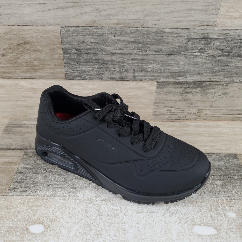 Skechers Uno Slip Resistant Womens Shoes Sz 6.5 Black Leather Lace Up Sneakers